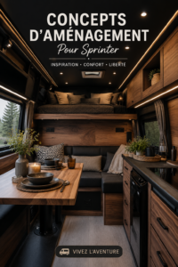 Aménagement intérieur d'un fourgon Sprinter, mettant en avant un espace chaleureux et fonctionnel.