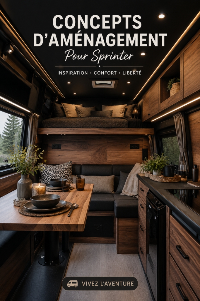 Aménagement intérieur d'un fourgon Sprinter, mettant en avant un espace chaleureux et fonctionnel.