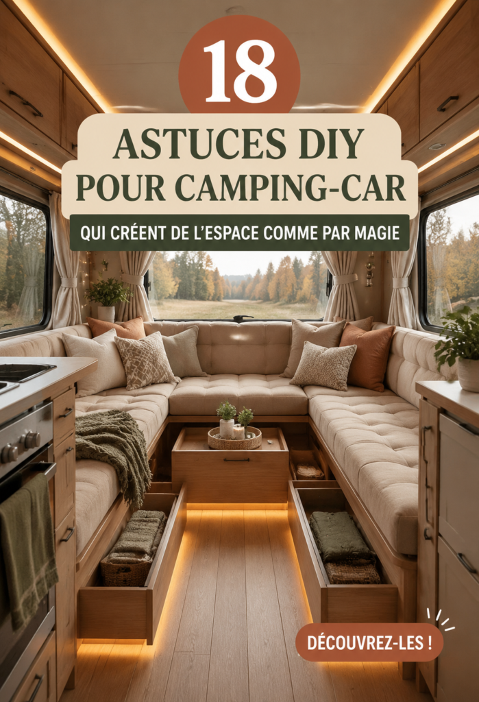 Astuce DIY pour maximiser l'espace dans un van, montrant des solutions de rangement efficaces.
