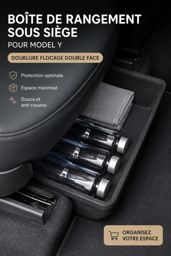 Boîte de rangement élégante et pratique sous le siège d'un Model Y