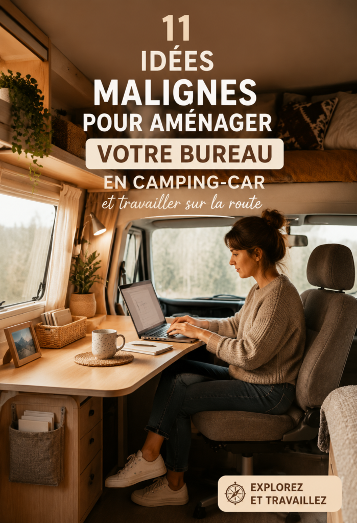 Un bureau bien aménagé dans un van aménagé avec vue sur la nature.