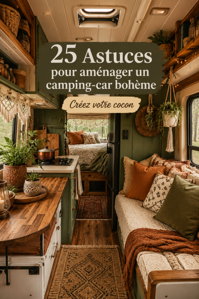 Camper boho cosy avec une décoration chaleureuse et accueillante.
