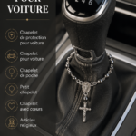 Chapelet en bois pour voiture accroché au rétroviseur avec un fond d'habitacle moderne