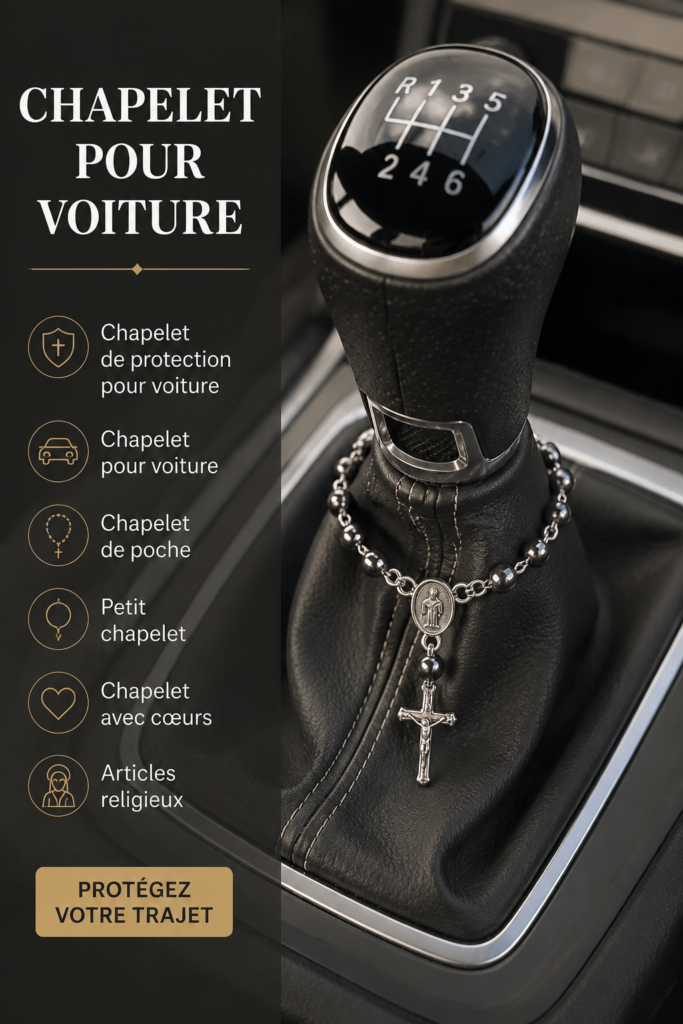 Chapelet en bois pour voiture accroché au rétroviseur avec un fond d'habitacle moderne