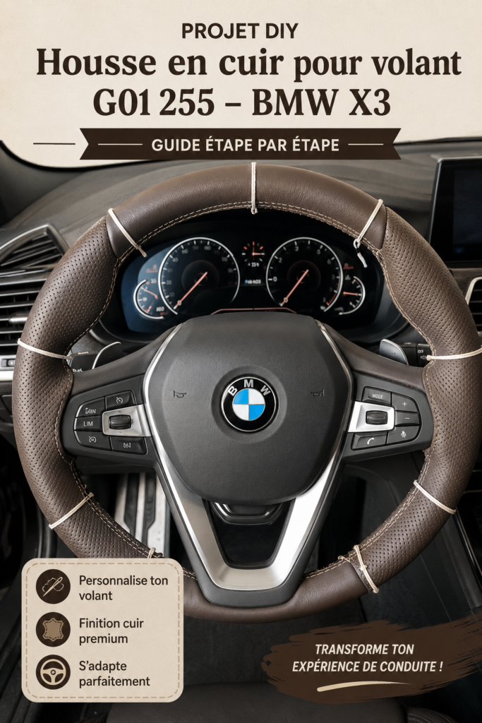 Couvre volant en cuir fait maison sur un volant de BMW X3.