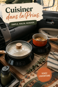 Cuisiner dans une Prius avec des équipements de camping car, ambiance chaleureuse et pratique.