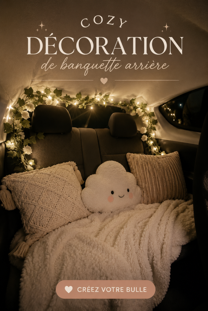 Banquette arrière d'une voiture décorée avec des coussins et des couvertures cosy