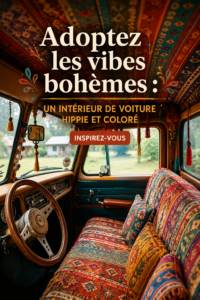 Intérieur de voiture décoré dans un style boho avec des coussins colorés et des plantes.