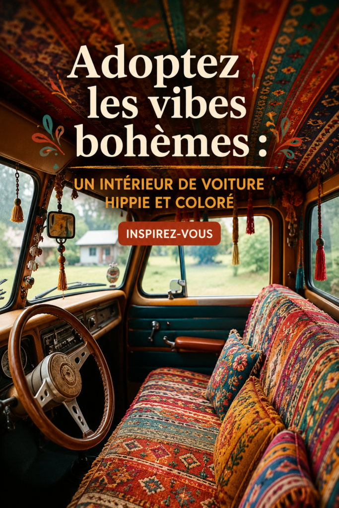 Intérieur de voiture décoré dans un style boho avec des coussins colorés et des plantes.