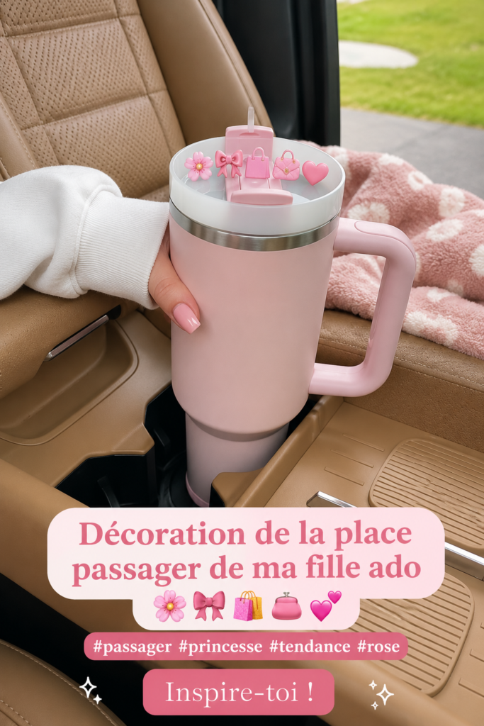 Un siège passager décoré avec des accessoires colorés pour adolescentes dans une voiture