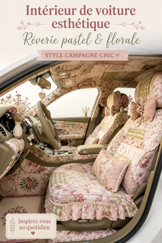 Intérieur de voiture décoré avec des motifs pastel et floraux inspirés du style cottagecore.