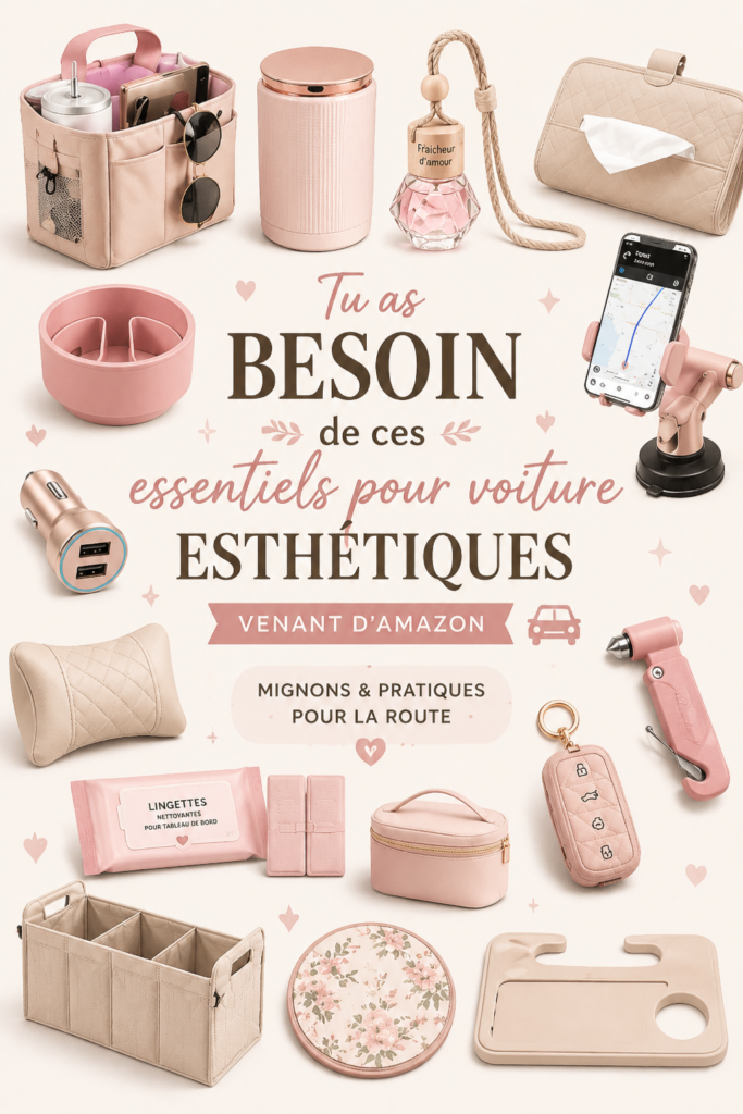 Accessoires esthétiques pour l'intérieur d'une voiture, notamment des housses de siège et des organiseurs de voiture.
