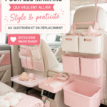 Une maman souriante dans une voiture bien équipée avec des accessoires pratiques et stylés.
