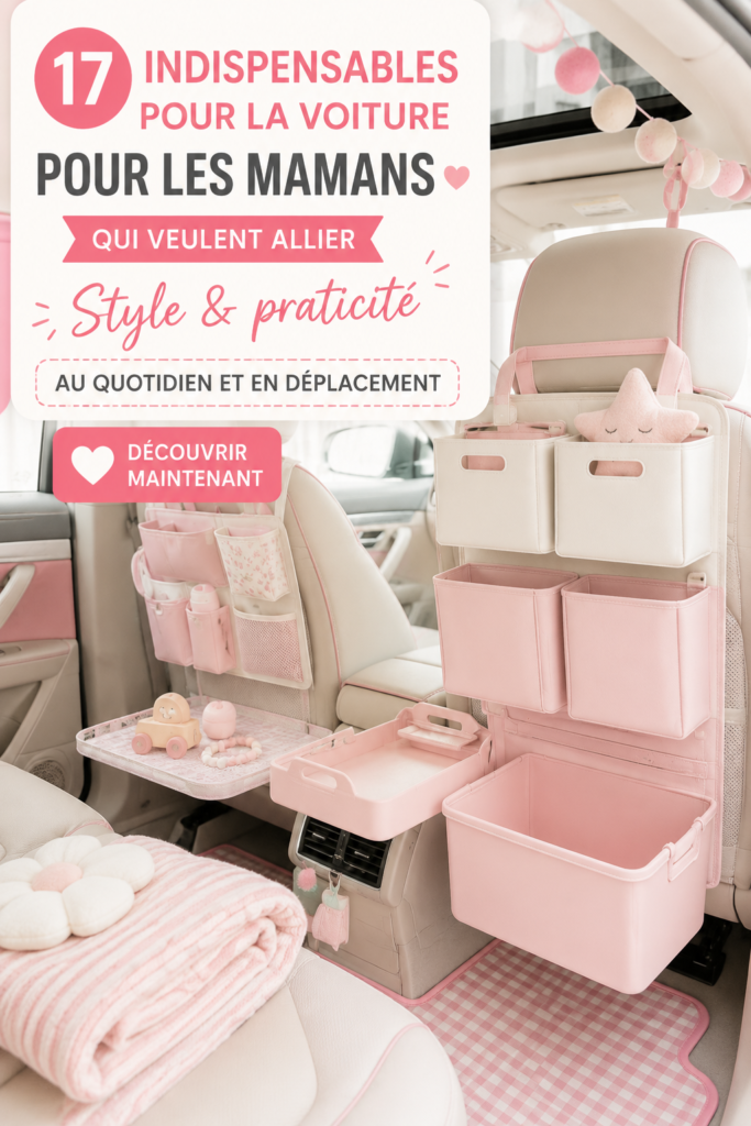 Une maman souriante dans une voiture bien équipée avec des accessoires pratiques et stylés.