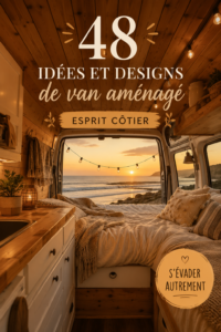 Un van aménagé au style chaleureux et moderne avec des meubles pratiques.