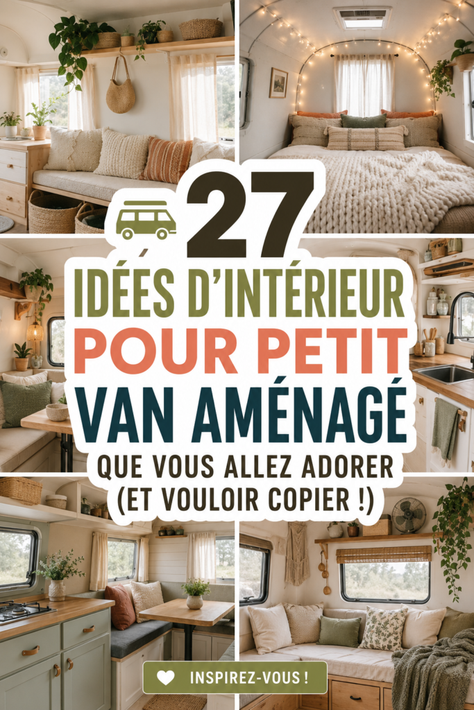 Intérieur chaleureux d'un petit van aménagé, mettant en avant des rangements astucieux