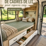 Un cadre de lit en bois dans un RV décoré avec des coussins doux et des rideaux chaleureux.