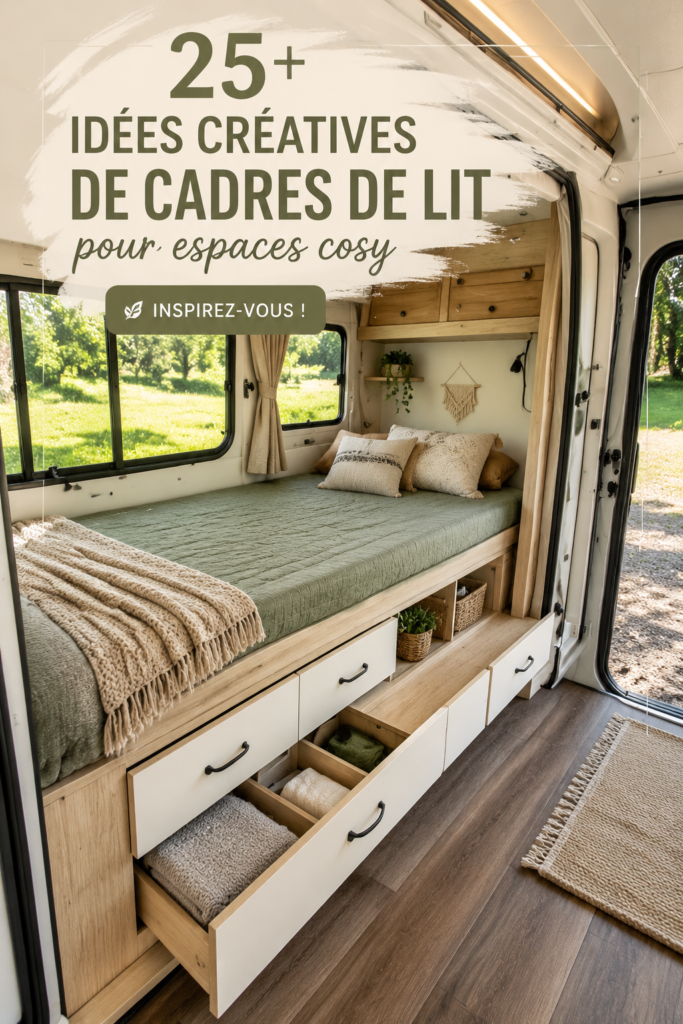 Un cadre de lit en bois dans un RV décoré avec des coussins doux et des rideaux chaleureux.