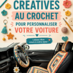 Voiture avec des accessoires au crochet colorés et créatifs.