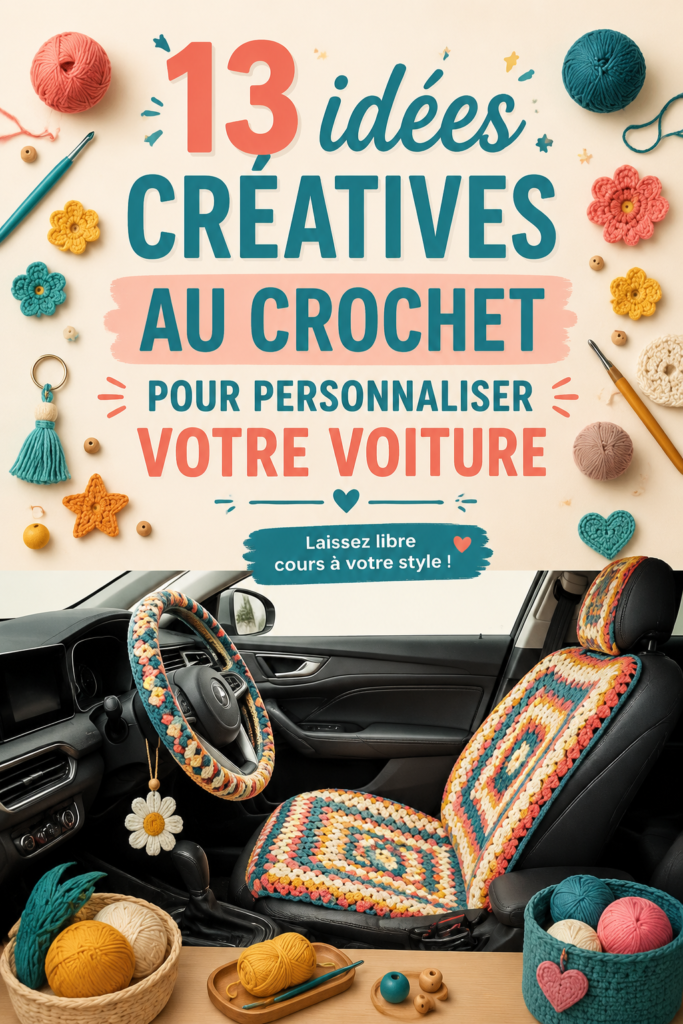 Voiture avec des accessoires au crochet colorés et créatifs.