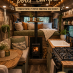 Intérieur d'un camping-car joliment aménagé avec des teintes chaleureuses et pratiques