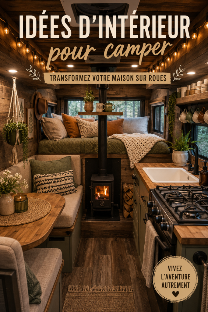 Intérieur d'un camping-car joliment aménagé avec des teintes chaleureuses et pratiques