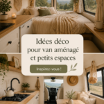 Intérieur de van aménagé avec goût montrant un espace cosy et fonctionnel.