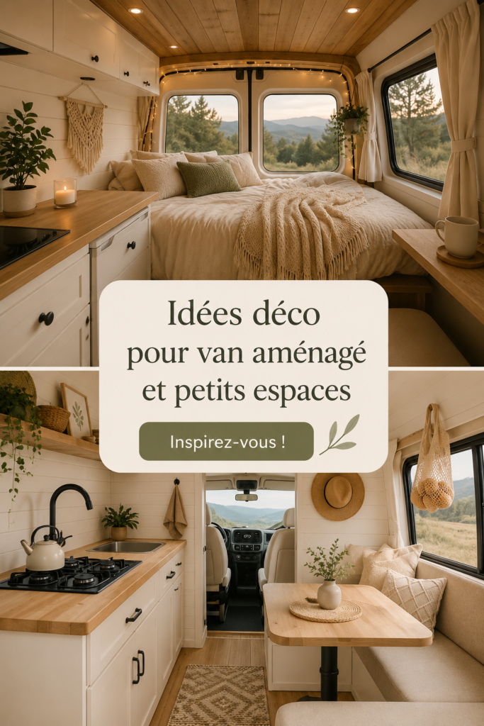Intérieur de van aménagé avec goût montrant un espace cosy et fonctionnel.