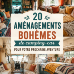 Intérieur d'un van décoré dans un style boho avec des coussins colorés et des plantes.
