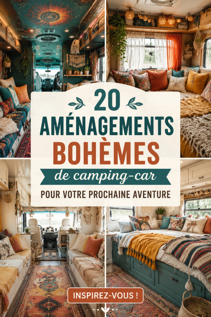 Intérieur d'un van décoré dans un style boho avec des coussins colorés et des plantes.