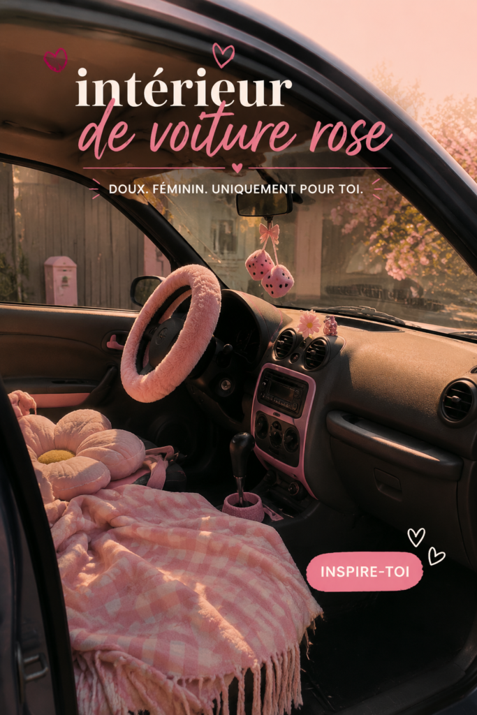 Intérieur de voiture décoré en rose avec des accessoires mignons