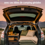 Vue intérieure d'une Prius transformée en espace de camping confortable avec des coussins et un matelas.