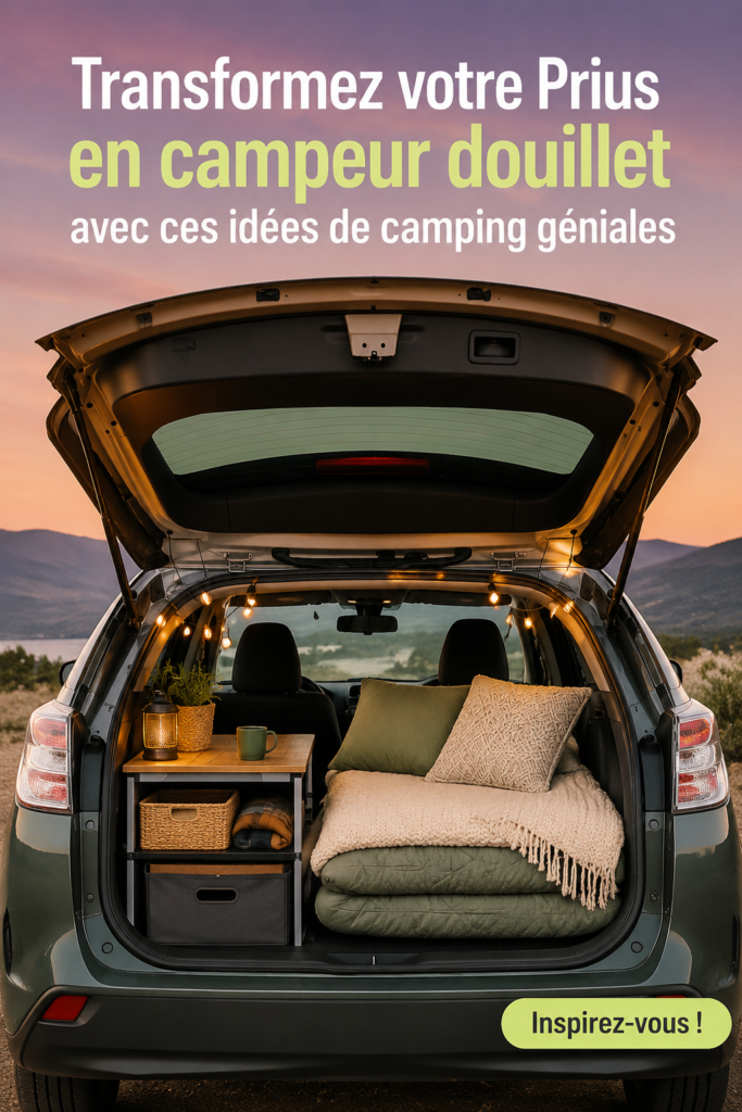 Vue intérieure d'une Prius transformée en espace de camping confortable avec des coussins et un matelas.