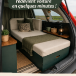 Honda CRV aménagé pour le camping, montrant l'intérieur avec un lit et des rangements.