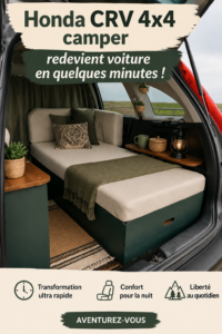 Honda CRV aménagé pour le camping, montrant l'intérieur avec un lit et des rangements.