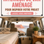 Intérieur aménagé d'un minibus avec un coin salon et des rangements pratiques