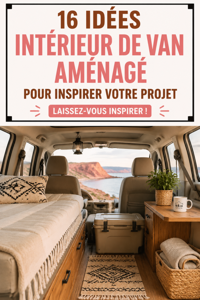 Intérieur aménagé d'un minibus avec un coin salon et des rangements pratiques