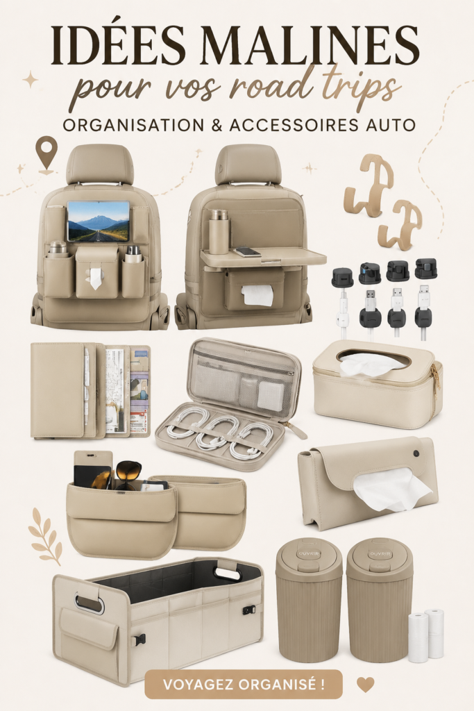 Une voiture bien organisée prête pour un road trip avec des accessoires pratiques disposés à l'intérieur.