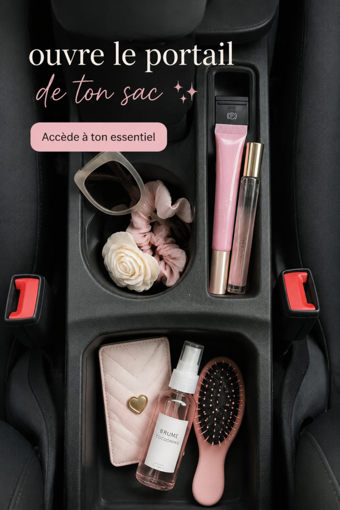 Femme souriante découvrant des accessoires dans son sac à main