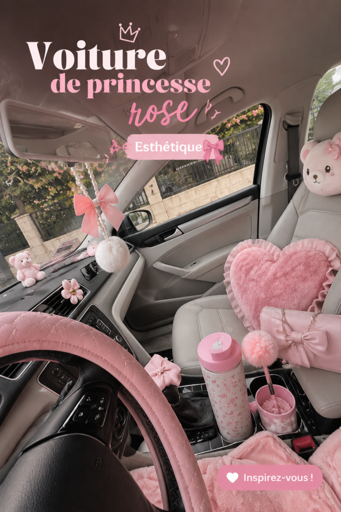 Une voiture rose décorée d'accessoires chics, inspirant l'esthétique princesse.