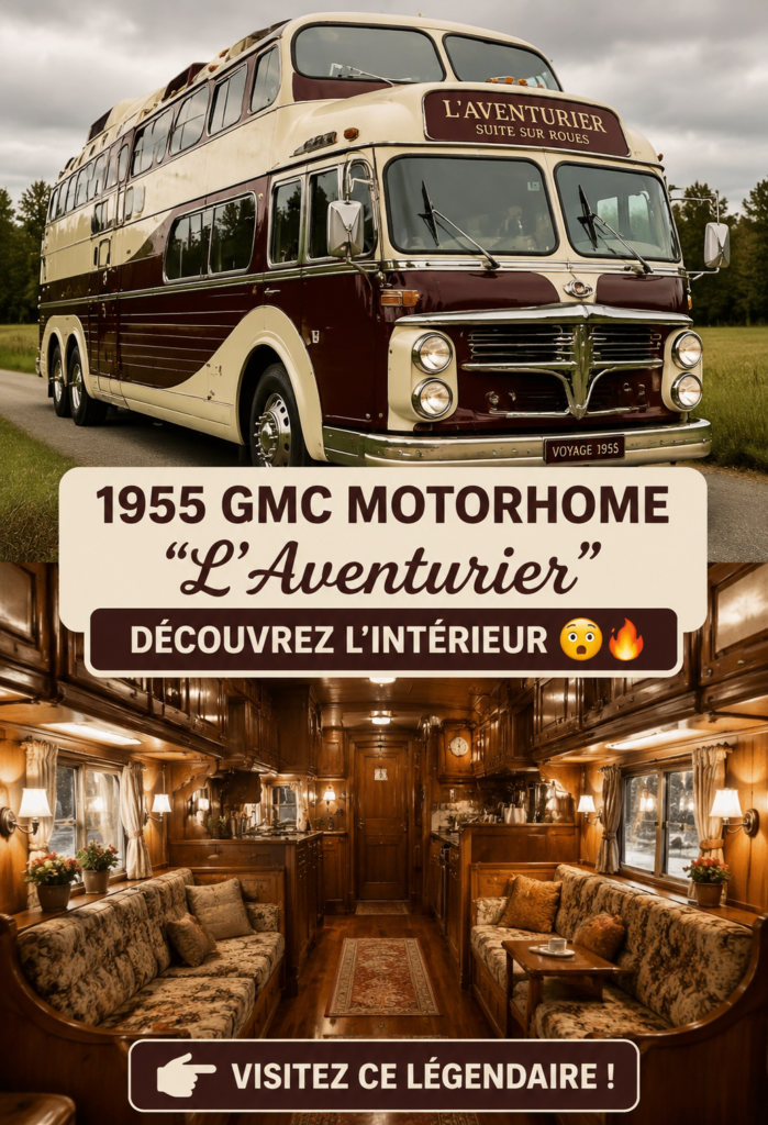 Vue intérieure du GMC motorhome Peacemaker de 1955 avec son design vintage.
