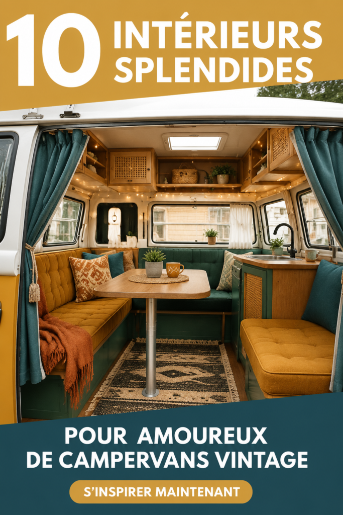 Intérieur vintage d'un VW Combi avec une déco chaleureuse et colorée.