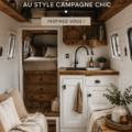 Un van aménagé avec un intérieur au style champêtre, mettant en avant des éléments en bois et des textiles naturels.