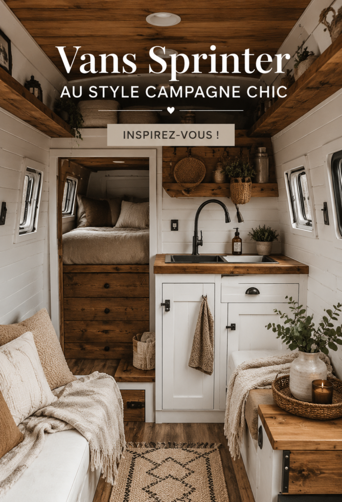 Un van aménagé avec un intérieur au style champêtre, mettant en avant des éléments en bois et des textiles naturels.