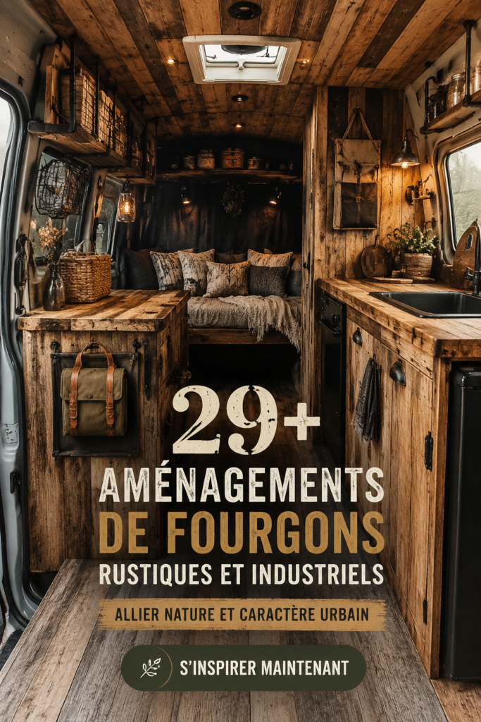 Transformation d'un van rustique au style industriel, combinant matériaux naturels et designs urbains.